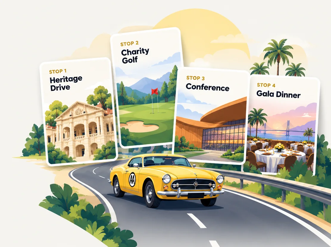 A yellow AA classic car on a winding road past four cards: Stop 1 Heritage Drive, Stop 2 Charity Golf, Stop 3 Conference and Stop 4 Gala Dinner